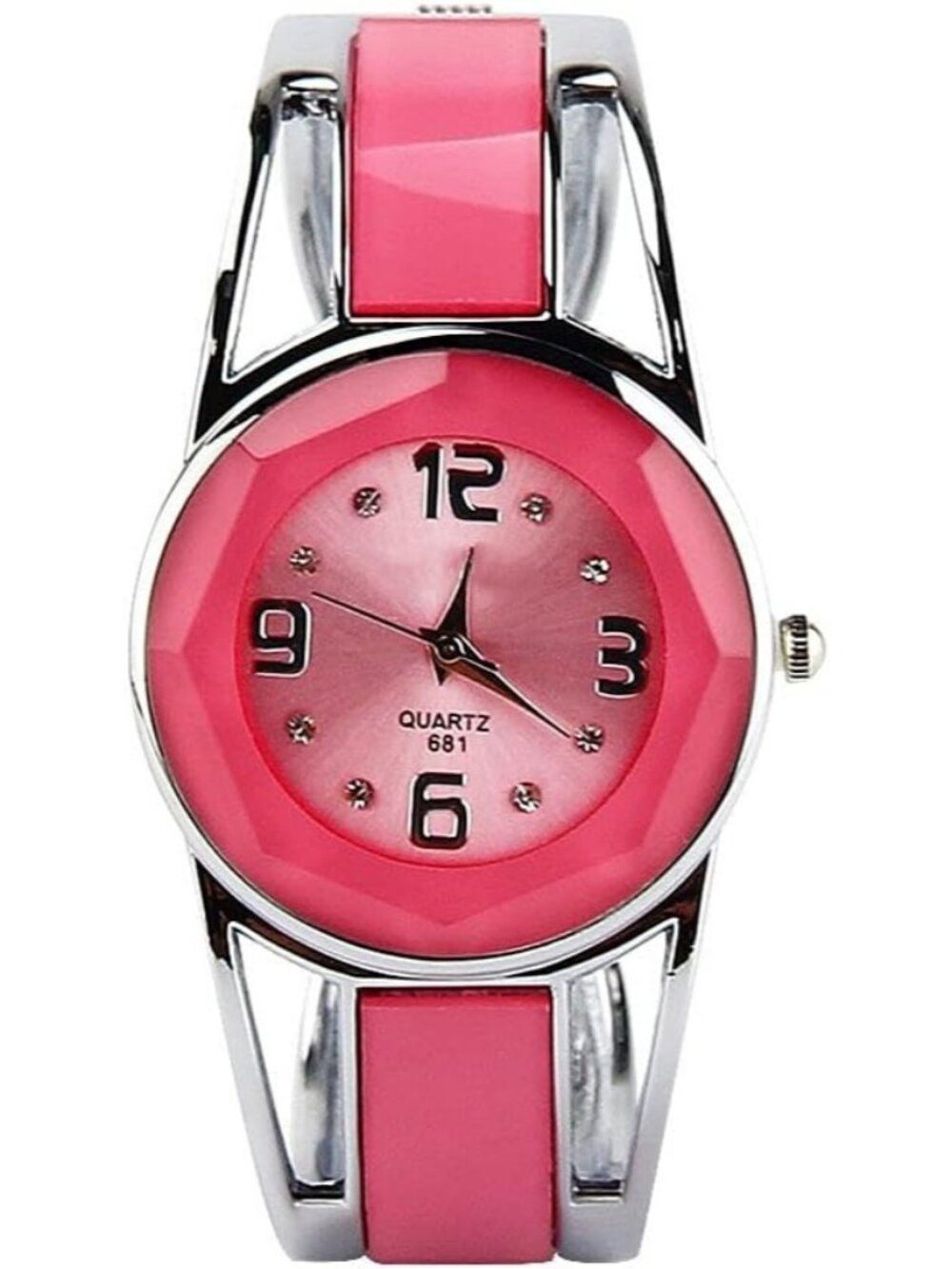 Women's Red Quartz Round Dial Stainless Steel Band Cuff Bracelet Wrist Watch